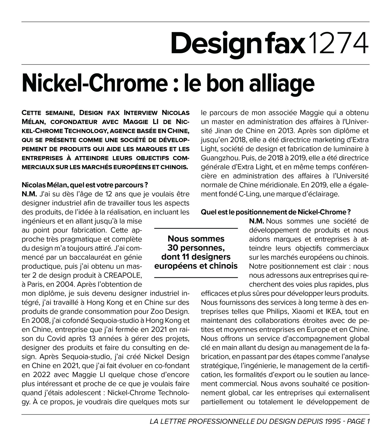 Interview of Nickel-Chrome, with Nicolas MÉLAN and Maggie LI in Design Fax 1274 Page 1-2.