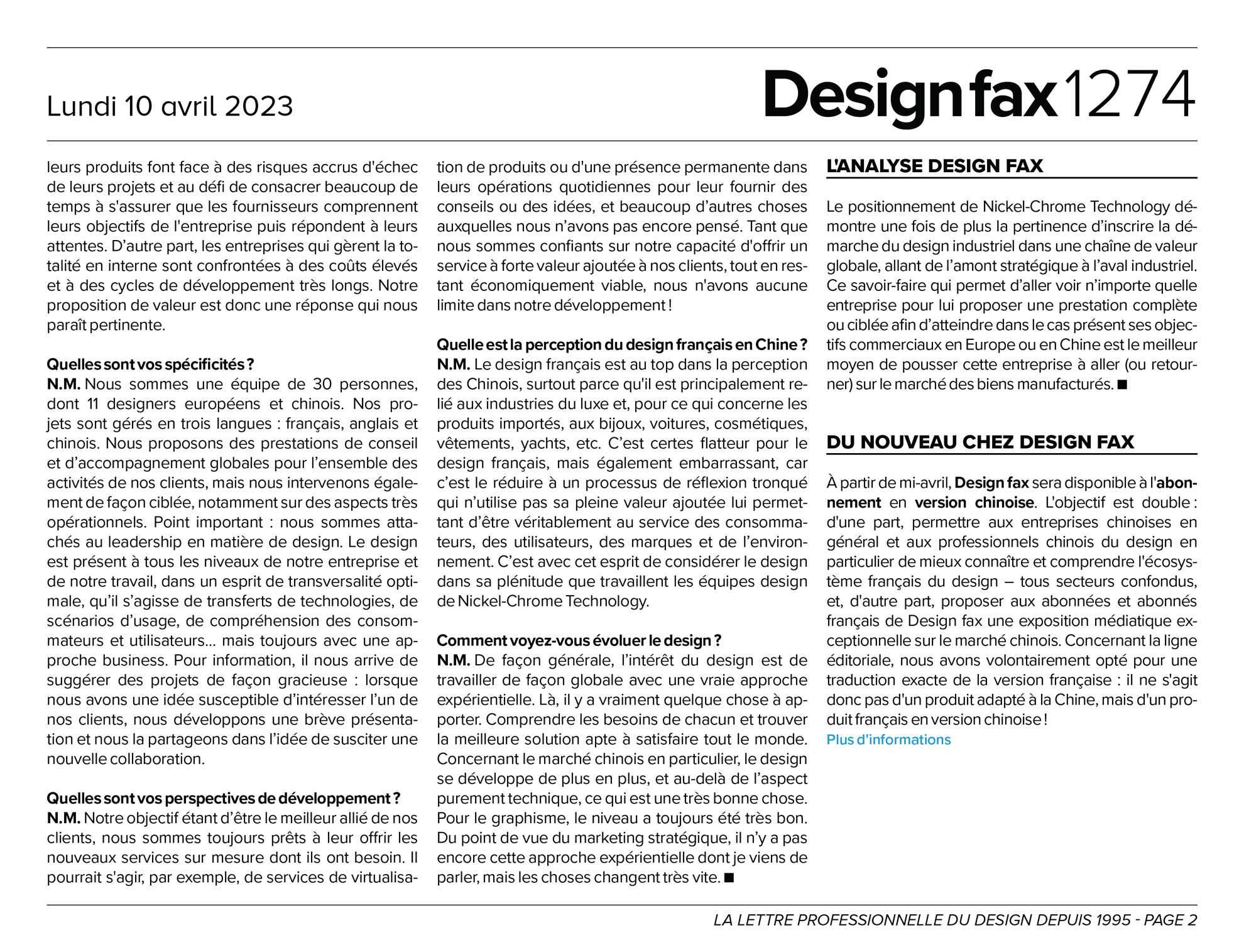 Interview of Nickel-Chrome, with Nicolas MÉLAN and Maggie LI in Design Fax 1274 Page 2-2.